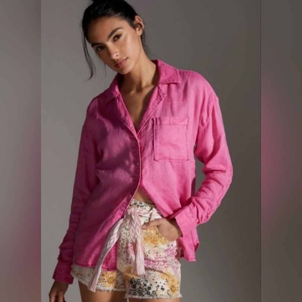 Anthropologie Maeve Pink Linen Ruched Long Sleeve Buttondown Small Pre-owned